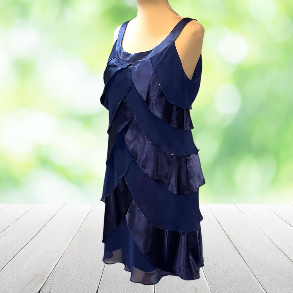 Vintage SL FASHIONS Cocktail Dress Beaded Tiered Chiffon Satin Navy Party Sz 10